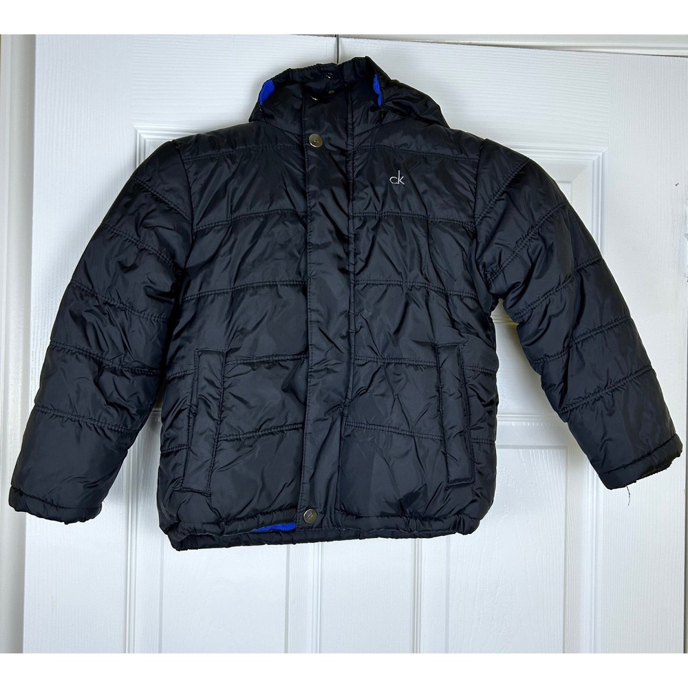 Calvin Klein Jeans Black Puffer Jacket Kids Size 5/6 Hooded Full Zip Blue Lined